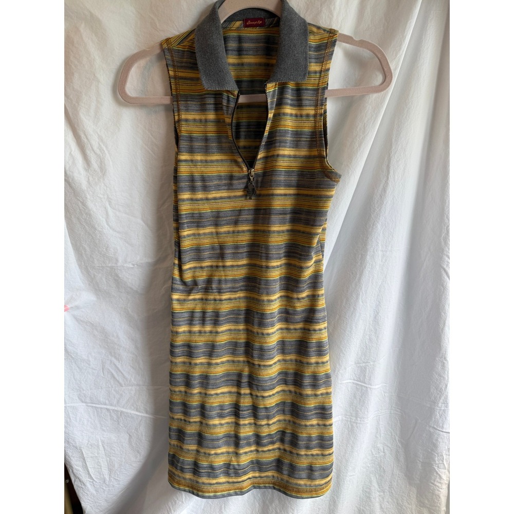 Bumpy Vintage 90s Striped Sleeveless Quarter Zip Polo Mini Dress Yellow Grey M